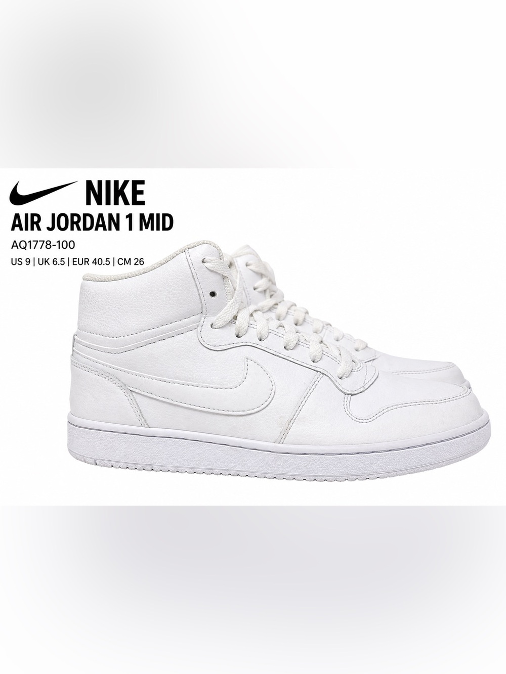 Nike Ebernon Mid Triple White  High Top Sneakers Back to School Size 9